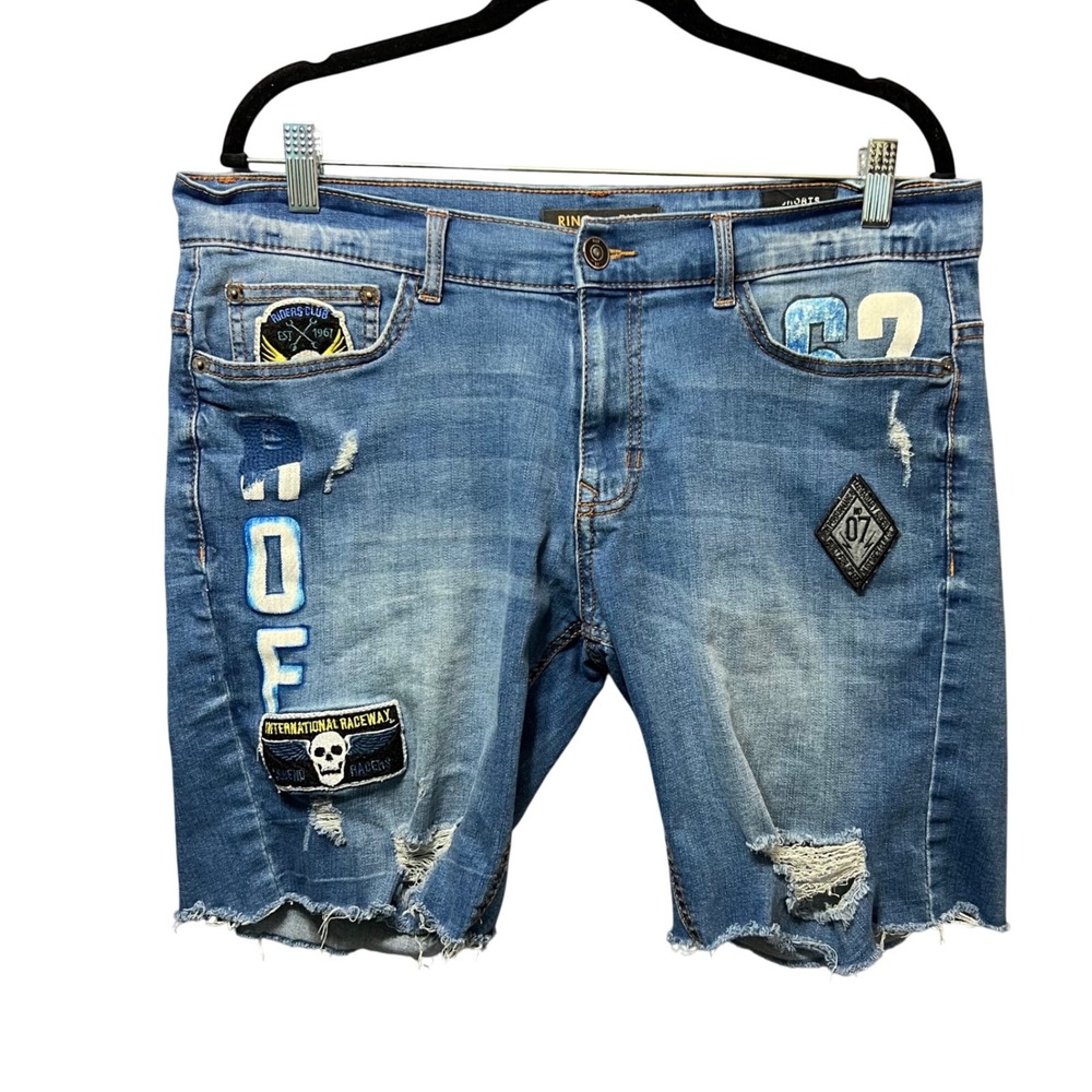 Ring of Fire Mens Distressed Denim Shorts Patches Raw Hem Size 32 Jorts Cut Offs